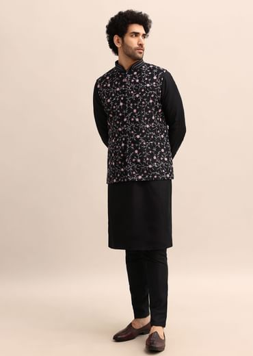 Black Kurta Set With Embroidered Jacket