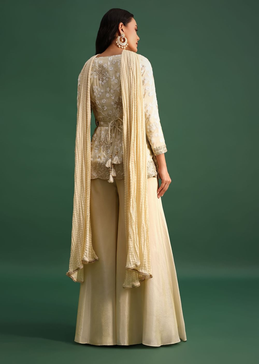 Beige Tissue Kurta Palazzo Set With Sequin And Resham Work