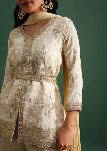 Beige Tissue Kurta Palazzo Set With Sequin And Resham Work