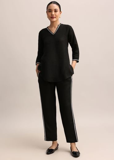 Black Linen Top And Pant With Patch Work