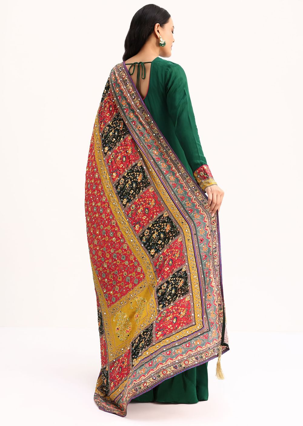 Green Embroidered Satin Kurta Palazzo With Dupatta