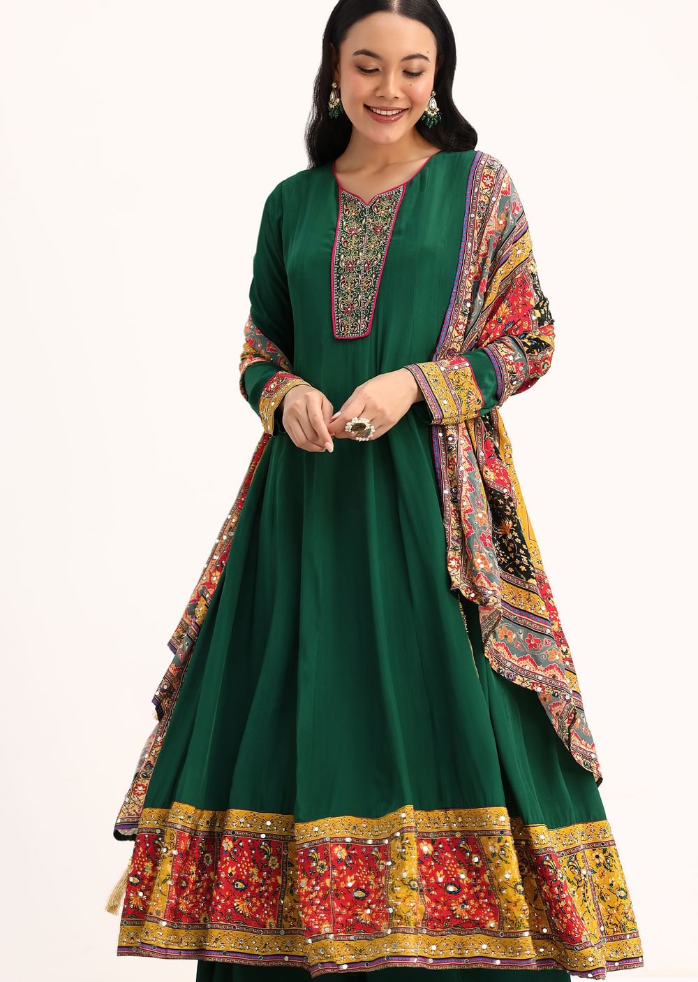Green Embroidered Satin Kurta Palazzo With Dupatta