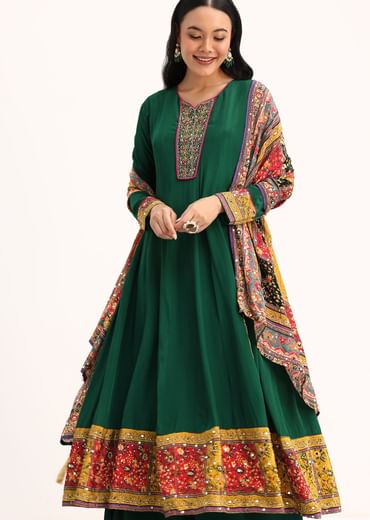Green Embroidered Satin Kurta Palazzo With Dupatta