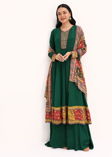 Green Embroidered Satin Kurta Palazzo With Dupatta