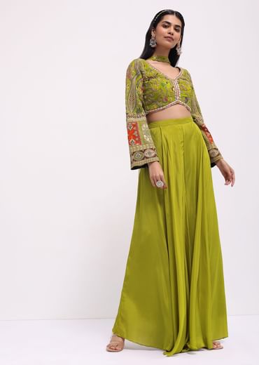 Mehendi Green Silk Crop Top And Palazzo With Zari Work