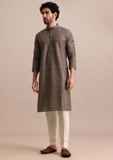Grey Printed Silk Kurta Set For Men