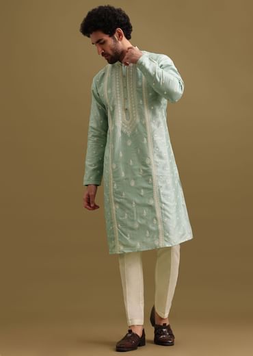 Aqua Blue Silk Kurta Set With Resham Work For Men