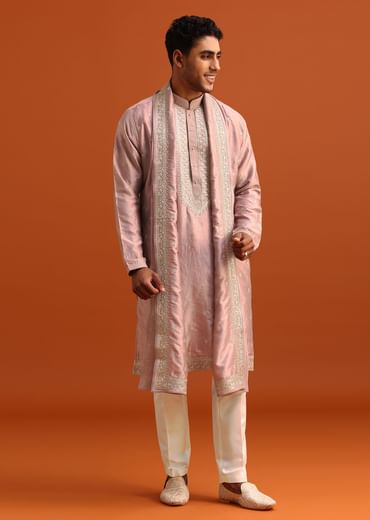 Purple Raw Silk Kurta Set With Thread Work Dupatta