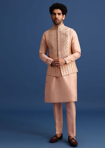 Peach Kurta Jacket Set With Zari Work And Mirror Embroidery For Men