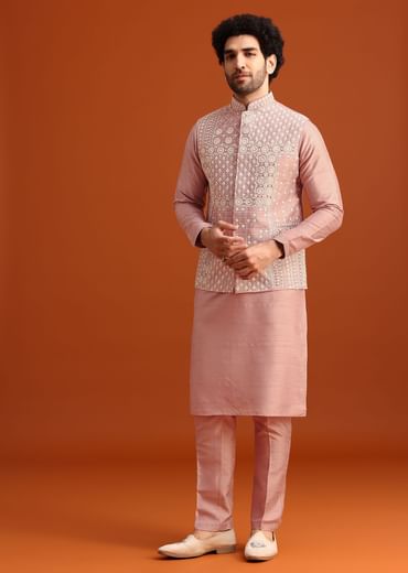 Pink Raw Silk Jacket Kurta Set With Mirror Embellishments
