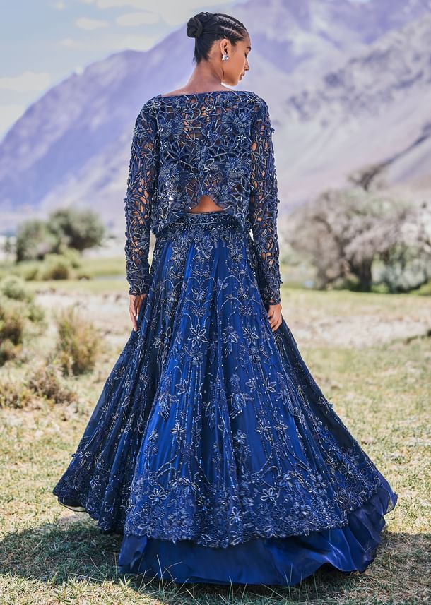 Blue Embroidered 10 Kali Lehenga With Blouse And Jacket