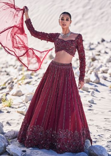 Red Organza Embroidered 12 Kali Lehenga And Blouse With Dupatta