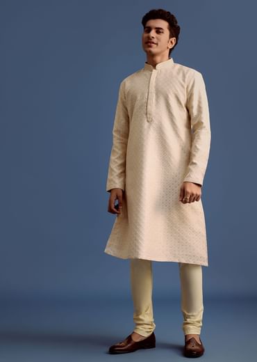 Ivory Printed Kurta Pyjama Set For Men