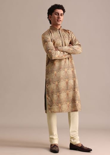 Brown Satin Printed Kurta Set For Men
