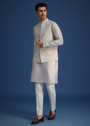 Aqua Blue Jacket And Kurta Set In Silk