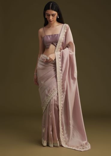 Pink Tissue Saree With Mirror And Sequins Embroidery