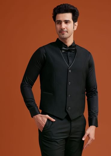 Black Textured Tuxedo With Satin Peak Lapels