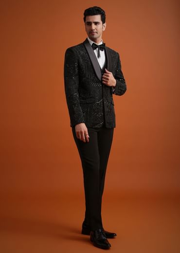 Black Cutwork Stone Embellished Tuxedo Set