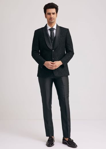 Black Silk Tuxedo With Stone Work And Net Detailing