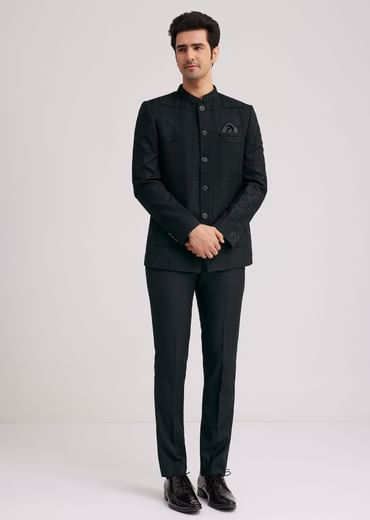 Black Silk Jodhpuri Suit With Floral Motifs And Cut Dana Work