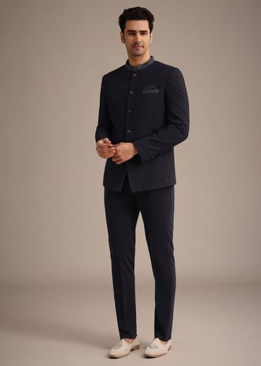 Blue Cutdana Work Jodhpuri And Pant Set With Pocket Square