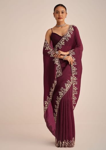 Wine Tissue Saree With Sequin And Cutdana Border And Unstitched Blouse