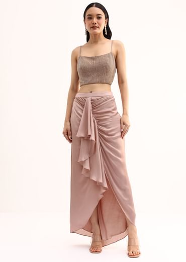 Rose Gold Stone Embroidered Silk Crop Top Set With Jacket