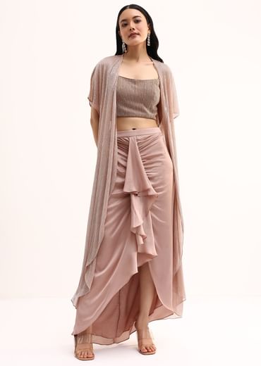 Rose Gold Stone Embroidered Silk Crop Top Set With Jacket