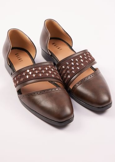 Brown Suede Juttis With Mirror Work