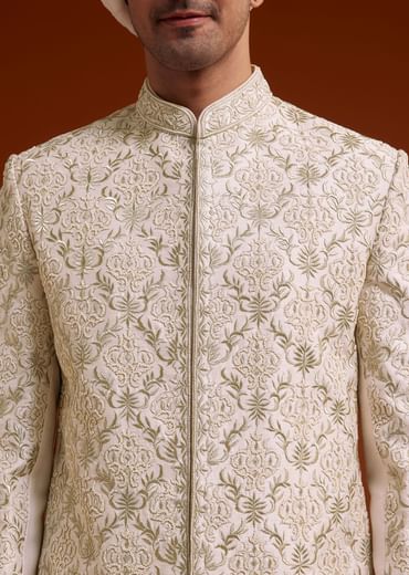 Pink Zari Pearl and Resham Embroidered Sherwani Set
