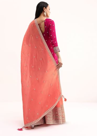 Pink And Peach Kurta Palazzo With Dupatta In Zari Work