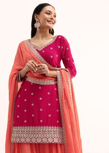 Pink And Peach Kurta Palazzo With Dupatta In Zari Work