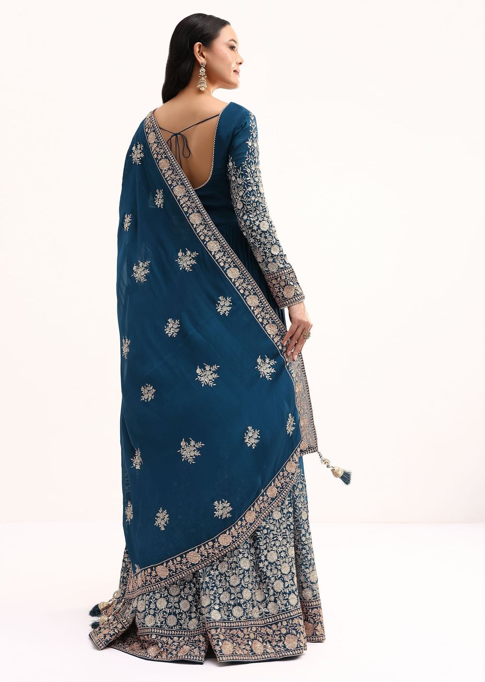 Teal Chinon Anarkali Suit With Zari Work