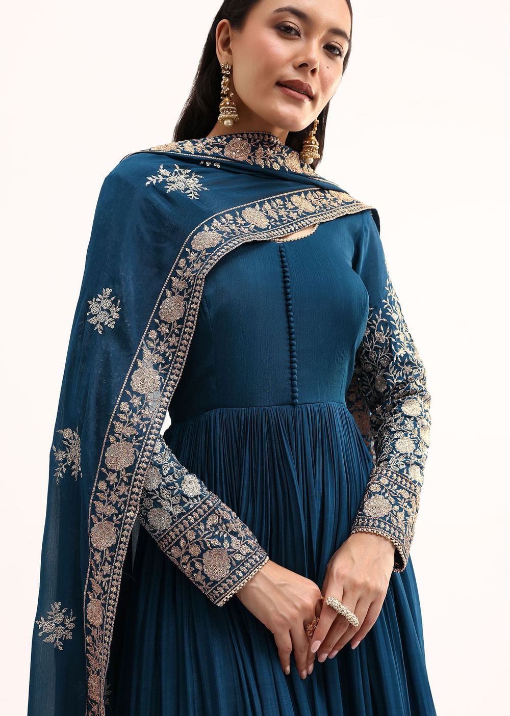 Teal Chinon Anarkali Suit With Zari Work