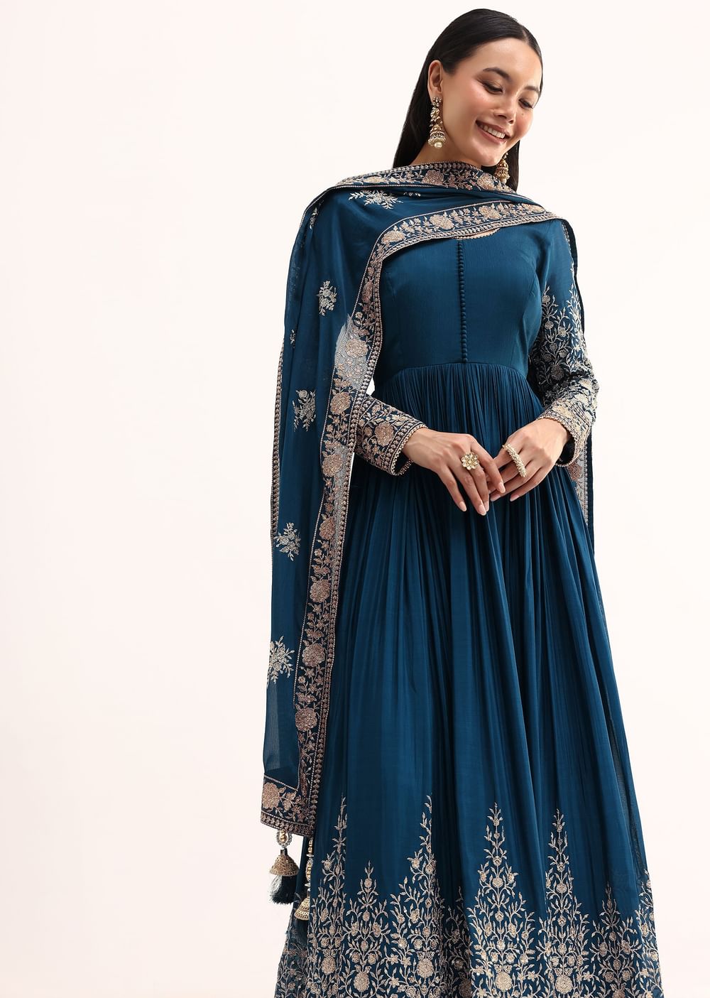 Teal Chinon Anarkali Suit With Zari Work