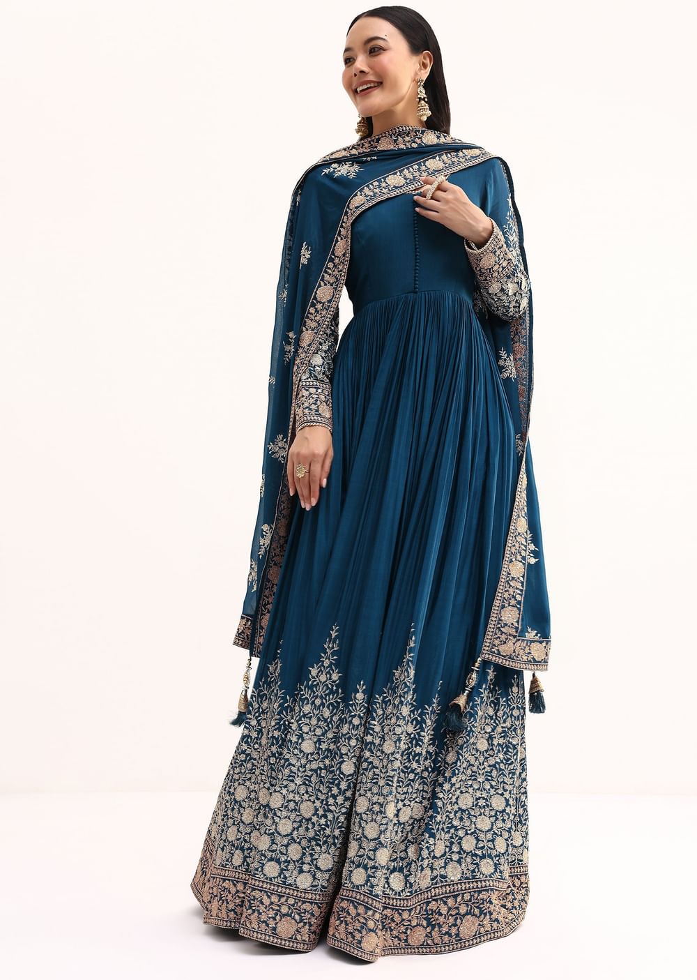 Teal Chinon Anarkali Suit With Zari Work