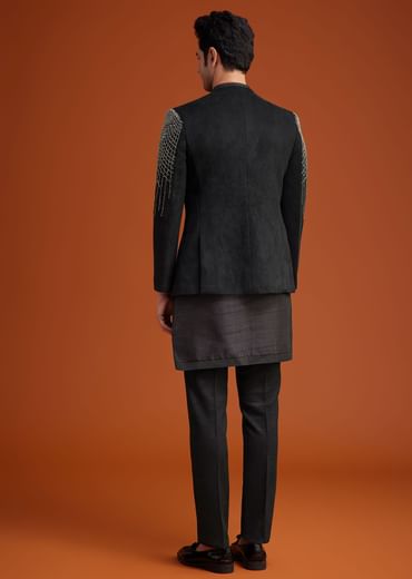 Black Open Indo Jacket Set With Silver Beadwork