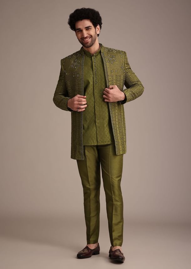 Mehendi Green Silk Zardosi Kurta Jacket Set