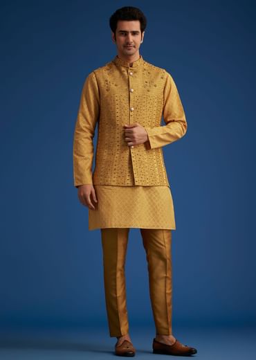 Yellow Cotton Linen Jacket With Stone And Thread Embroidery