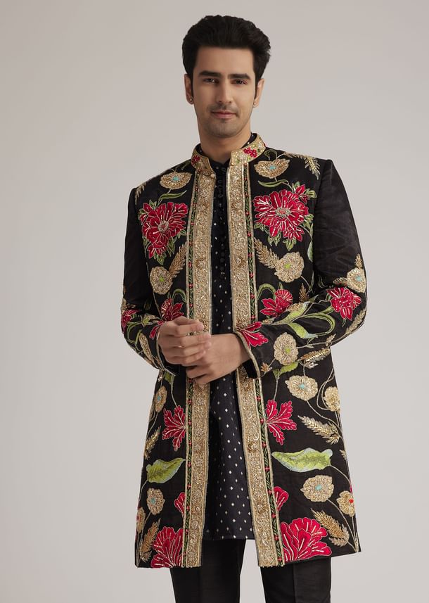Black Silk Floral Hand Embroidered Indowestern Jacket Set