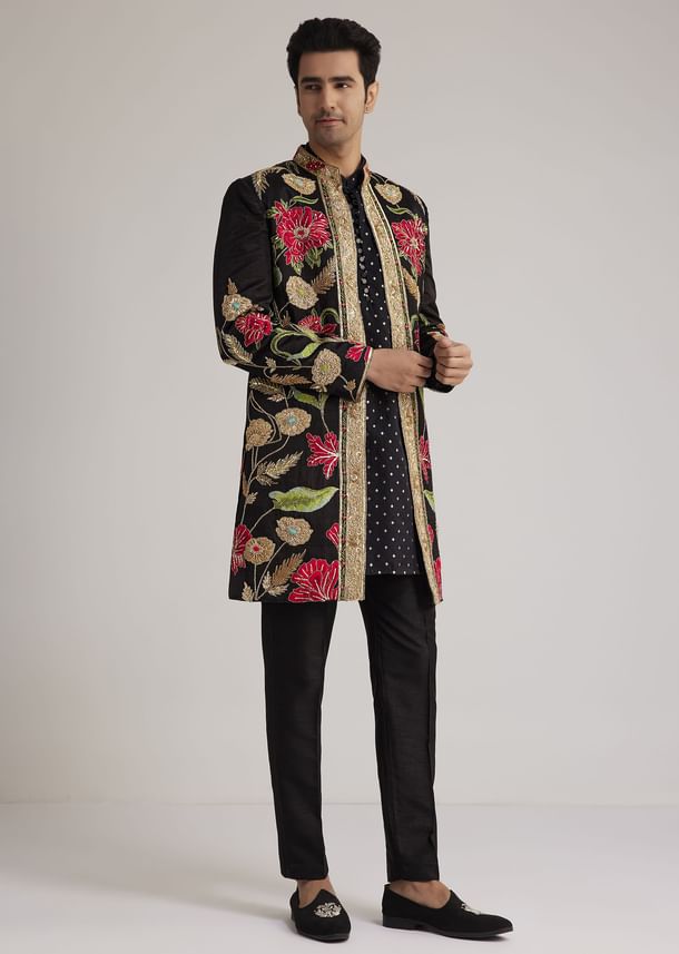 Black Silk Floral Hand Embroidered Indowestern Jacket Set