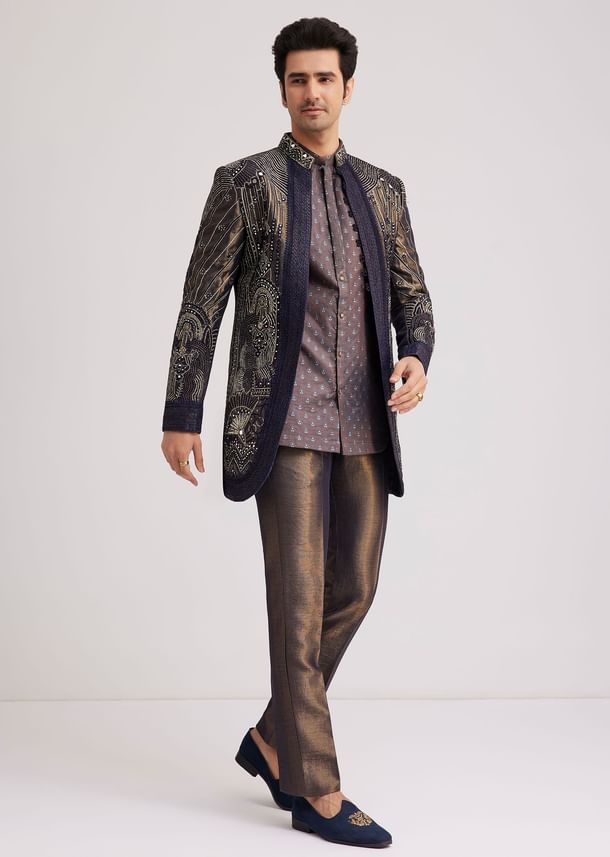 Blue Silk Open Sherwani Set With Zardosi And Mirror Work