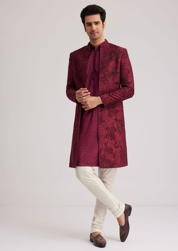 Wine Silk Open Sherwani Set With Zardosi Stone And Beads Work