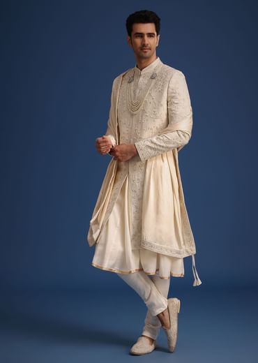 Beige Silk Zardozi Work Sherwani Set With Dupatta
