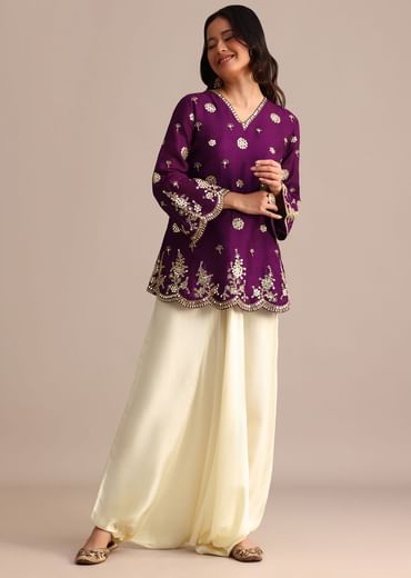 Purple Silk Mirror Embroidered Kurta Dhoti