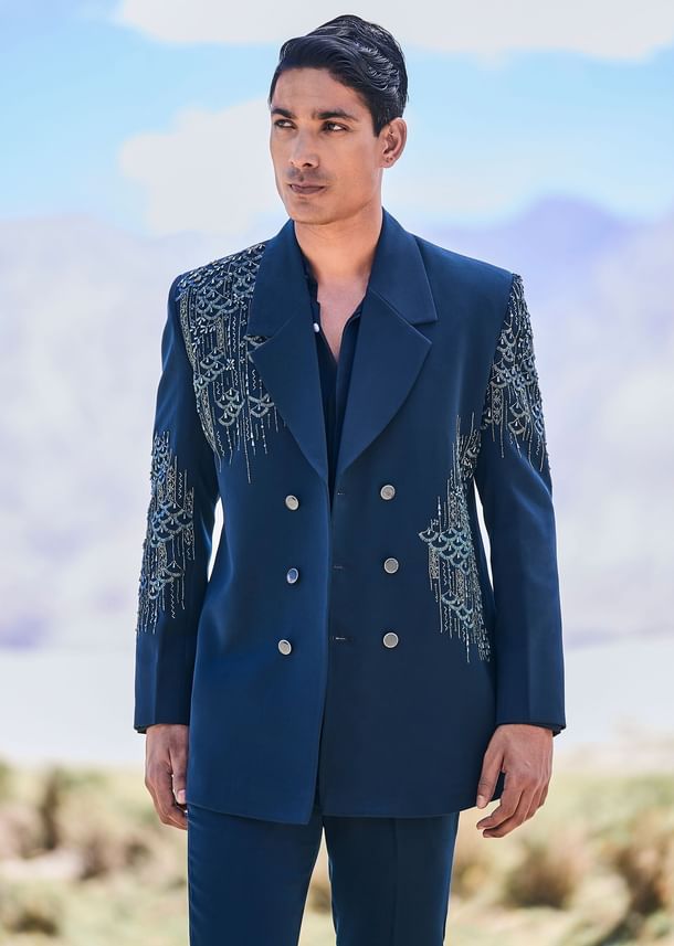 Blue Teal Embroidered Blazer Set