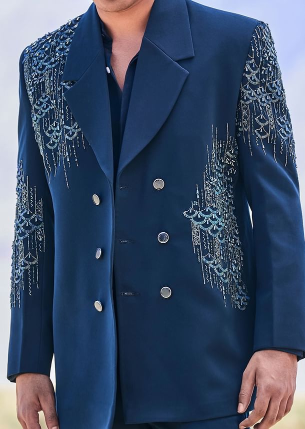 Blue Teal Embroidered Blazer Set