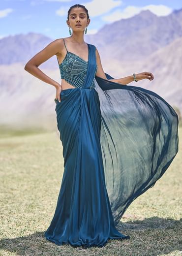 Teal Green Embroidered Drape Gown With Pleated Tassel Pallu