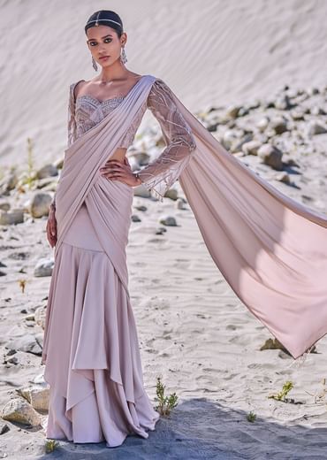Beige Satin Pre Draped Saree With Embroidered Corset Blouse