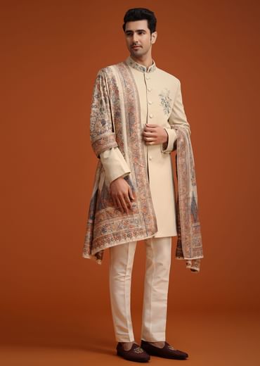 Beige Hand Embroidered Indo Western Set With Dupatta